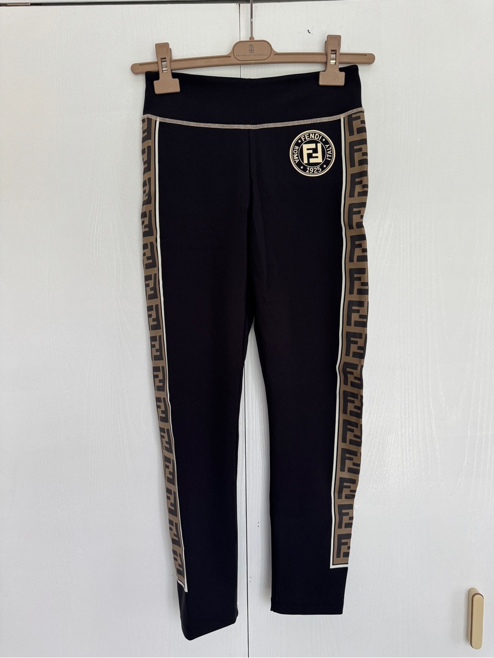 Fendi Black Leggings with Brown Logo Tape